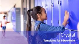  Presentation with next - Slide deck with happy-biracial-schoolgirl-standing-next background and a cobalt blue colored foreground