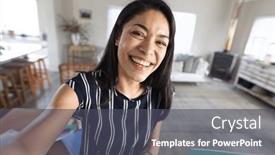  Presentation with remote working - Slides having happy-biracial-woman-having-video background and a dark gray colored foreground