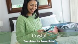  Presentation with time travel - Presentation having happy-biracial-woman-holding-passport background and a seafoam green colored foreground