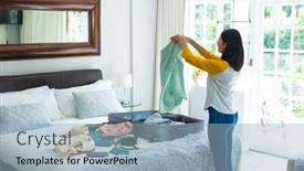  Presentation with time travel - Slide deck featuring happy-biracial-woman-packing-suitcase background and a light blue colored foreground