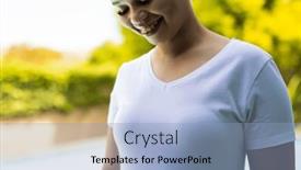  Presentation with tshirt - Presentation theme consisting of happy-biracial-woman-wearing-white background and a light blue colored foreground