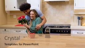  Presentation with wedding anniversary - PPT theme having happy-biracial-young-husband-giving background and a coral colored foreground