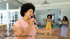  Presentation with woman gathering - Slide deck having happy-biracial-young-woman background and a coral colored foreground