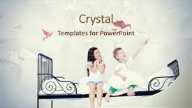  Presentation with bed - PPT theme enhanced with happy bird - cute kids sitting together background and a sky blue colored foreground