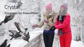  Presentation with spanish food and wine - Theme having happy bird - winter women give food background and a light gray colored foreground