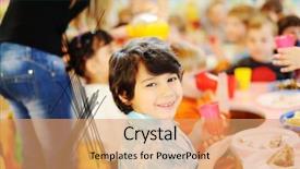  Presentation with children birthday - PPT theme enhanced with plate with delicious vanilla pudding with red currant on table background and a gray colored foreground