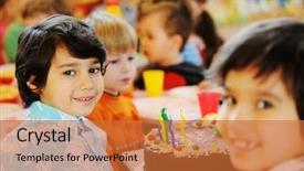  Presentation with children birthday - Colorful slides enhanced with happy birtday - many children having fun backdrop and a red colored foreground