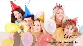 Presentation with birthday banner - Amazing slides having happy birthday banner - group of young people backdrop and a coral colored foreground