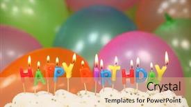  Presentation with happy birthday cake - Audience pleasing PPT layouts consisting of happy birthday celebration with balloons backdrop and a coral colored foreground