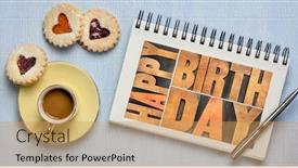  Presentation with happy birthday card - Slide set having happy birthday romantic greeting card - word abstract in letterpress wood type in a sketchbook with coffee and heart cookies background and a yellow colored foreground