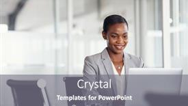  Presentation with african american meeting - PPT theme featuring happy-black-business-woman-working background and a gray colored foreground