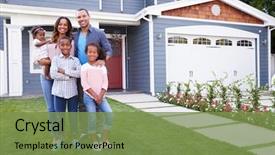  Presentation with black family - Colorful PPT theme enhanced with happy black family standing outside backdrop and a seafoam green colored foreground