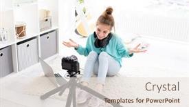  Presentation with blog - Audience pleasing presentation theme consisting of happy-blogger-girl-making-video backdrop and a sky blue colored foreground