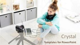  Presentation with blog - PPT theme featuring happy-blogger-girl-making-video background and a sky blue colored foreground