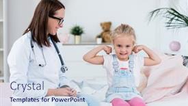  Presentation with strength - PPT theme featuring happy blond little girl showing gesture of strength while sitting in hospital with doctor near background and a sky blue colored foreground