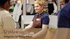  Presentation with cost - Presentation design having happy-blond-mature-cashier-looking background and a coral colored foreground