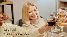  Presentation with happy life - PPT theme featuring happy-blond-mature-woman-clinking background and a coral colored foreground