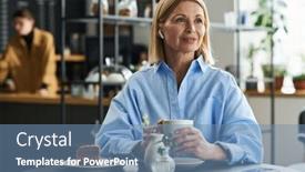  Presentation with coffee music - PPT layouts having happy-blond-mature-woman background and a teal colored foreground