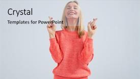  Presentation with fingers - Presentation theme having happy blond with crossed fingers background and a sky blue colored foreground