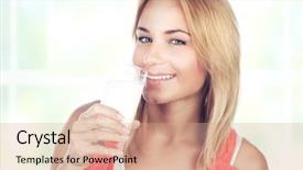  Presentation with healthy nutrition - Presentation having happy blond woman drinking milk background and a coral colored foreground
