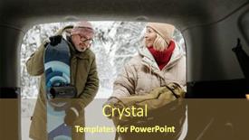  Presentation with snowboard - Presentation theme enhanced with happy-blond-woman-with-backpack background and a tawny brown colored foreground