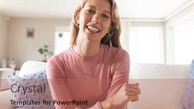  Presentation with living life - Presentation theme having happy-blonde-caucasian-woman-having background and a coral colored foreground