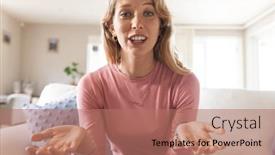  Presentation with living life - PPT theme consisting of happy-blonde-caucasian-woman-having background and a coral colored foreground