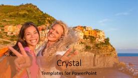  Presentation with travel and tourism - Colorful presentation design enhanced with happy blonde girl and multiracial backdrop and a coral colored foreground