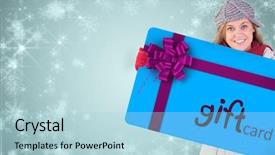  Presentation with blue design - Presentation theme with happy blonde in winter clothes showing card against white snowflake design on blue background and a light blue colored foreground