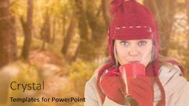  Presentation with tranquil - PPT theme enhanced with happy blonde in winter clothes holding mug against tranquil autumn scene in forest background and a yellow colored foreground