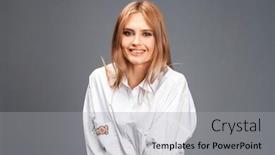  Presentation with gray - PPT theme having happy blonde model portrait of beautiful young woman in dress isolated on gray background background and a light gray colored foreground