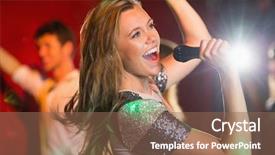  Presentation with mic - Audience pleasing PPT layouts consisting of happy blonde singing karaoke backdrop and a violet colored foreground