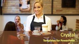  Presentation with waitress - Cool new presentation theme with happy blonde waitress holding tray backdrop and a tawny brown colored foreground