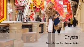  Presentation with beautiful young woman getting face - Presentation design with happy blonde woman in fur background and a coral colored foreground