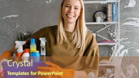  Presentation with cleaning - Presentation theme featuring happy-blonde-woman-maid-holding background and a red colored foreground