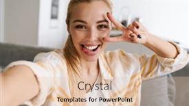  Presentation with sing - Colorful presentation design enhanced with happy-blonde-woman-showing-peace backdrop and a lemonade colored foreground