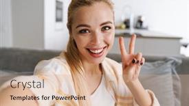  Presentation with sing - Beautiful presentation theme featuring happy-blonde-woman-showing-peace backdrop and a coral colored foreground