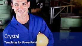  Presentation with worker - Audience pleasing PPT theme consisting of happy blue collar worker portrait backdrop and a navy blue colored foreground