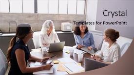  Presentation with discussion room - PPT theme with happy boss day - four businesswomen in discussion background and a light gray colored foreground