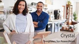  Presentation with coffee shop - Theme enhanced with happy boss day - mixed race couple behind background and a coral colored foreground