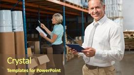  Presentation with warehouse - Presentation enhanced with happy boss day - smiling warehouse manager using tablet background and a tawny brown colored foreground