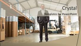  Presentation with warehouse - Amazing presentation design having happy boss day - warehouse manager standing with hands backdrop and a soft green colored foreground