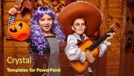  Presentation with day dead - Cool new PPT theme with happy boy and a girl in carnival costumes trick or treating on halloween wooden decorations halloween dia de los muertos day of the dead backdrop and a tawny brown colored foreground
