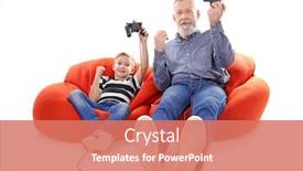  Presentation with grandfather - Cool new presentation theme with happy boy and his grandfather with video game controllers on white background backdrop and a coral colored foreground