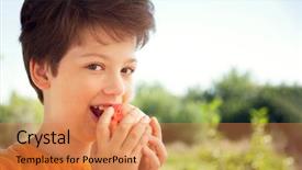  Presentation with apple pear - Amazing slide set having appletree portrait beautiful young - happy boy biting the apple backdrop and a coral colored foreground