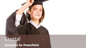  Presentation with academic - Slide set having happy boy graduating student wearing academic hat and a gown isolated over white background background and a tawny brown colored foreground