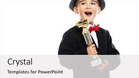  Presentation with prize - Colorful PPT theme enhanced with happy boy in black suit holding prize cup backdrop and a white colored foreground