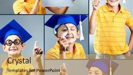  Presentation with graduation black graduate hat - Colorful slides enhanced with happy boy in graduation backdrop and a yellow colored foreground