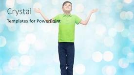  Presentation with polo - Presentation consisting of happy boy in polo t-shirt raising hands up background and a sky blue colored foreground