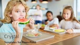  Presentation with elementary school - Slide deck featuring happy-boy-is-eating background and a coral colored foreground